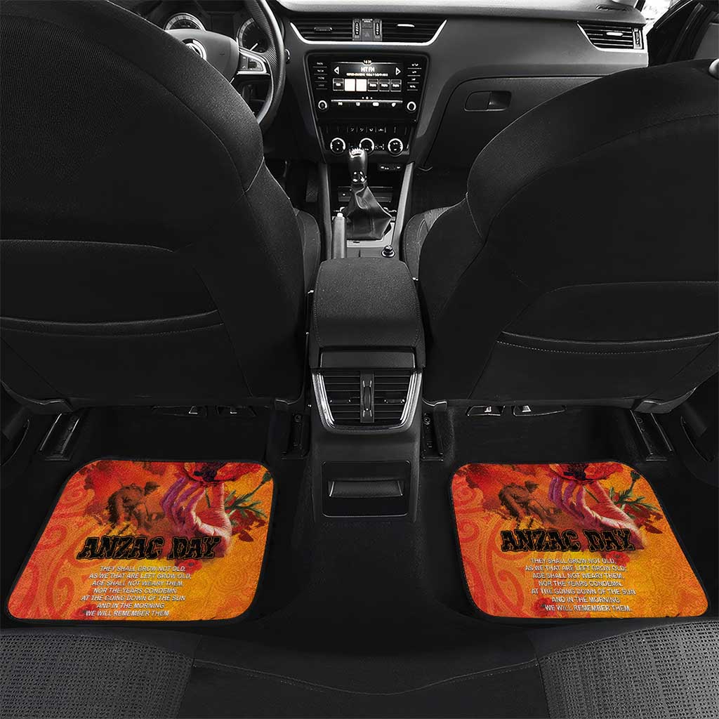 Australia and New Zealand ANZAC Day Car Mats Soldiers Memories - Red Poppies with Aboriginal and Maori Art LT03 Set 2pcs - Back Orange-Yellow - Polynesian Pride