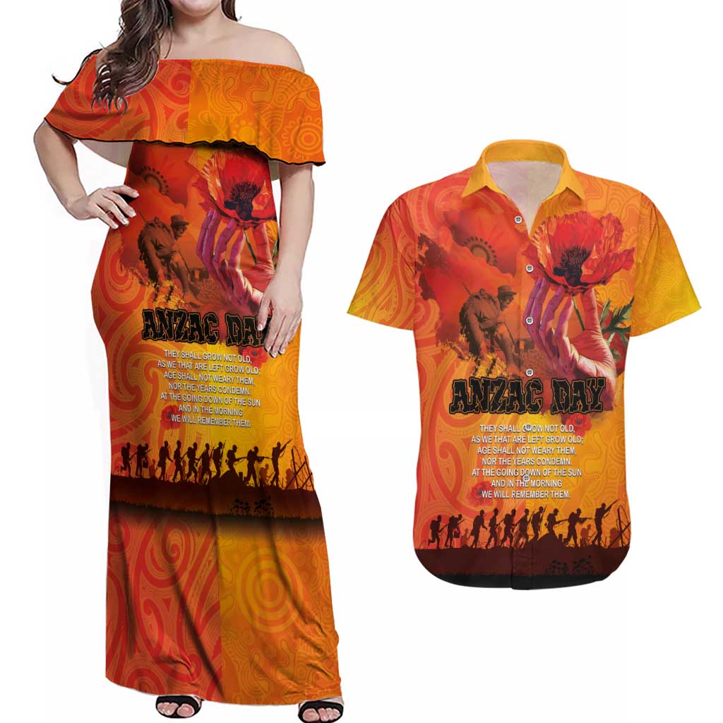 Australia and New Zealand ANZAC Day Couples Matching Off Shoulder Maxi Dress and Hawaiian Shirt Soldiers Memories - Red Poppies with Aboriginal and Maori Art LT03 Orange-Yellow - Polynesian Pride