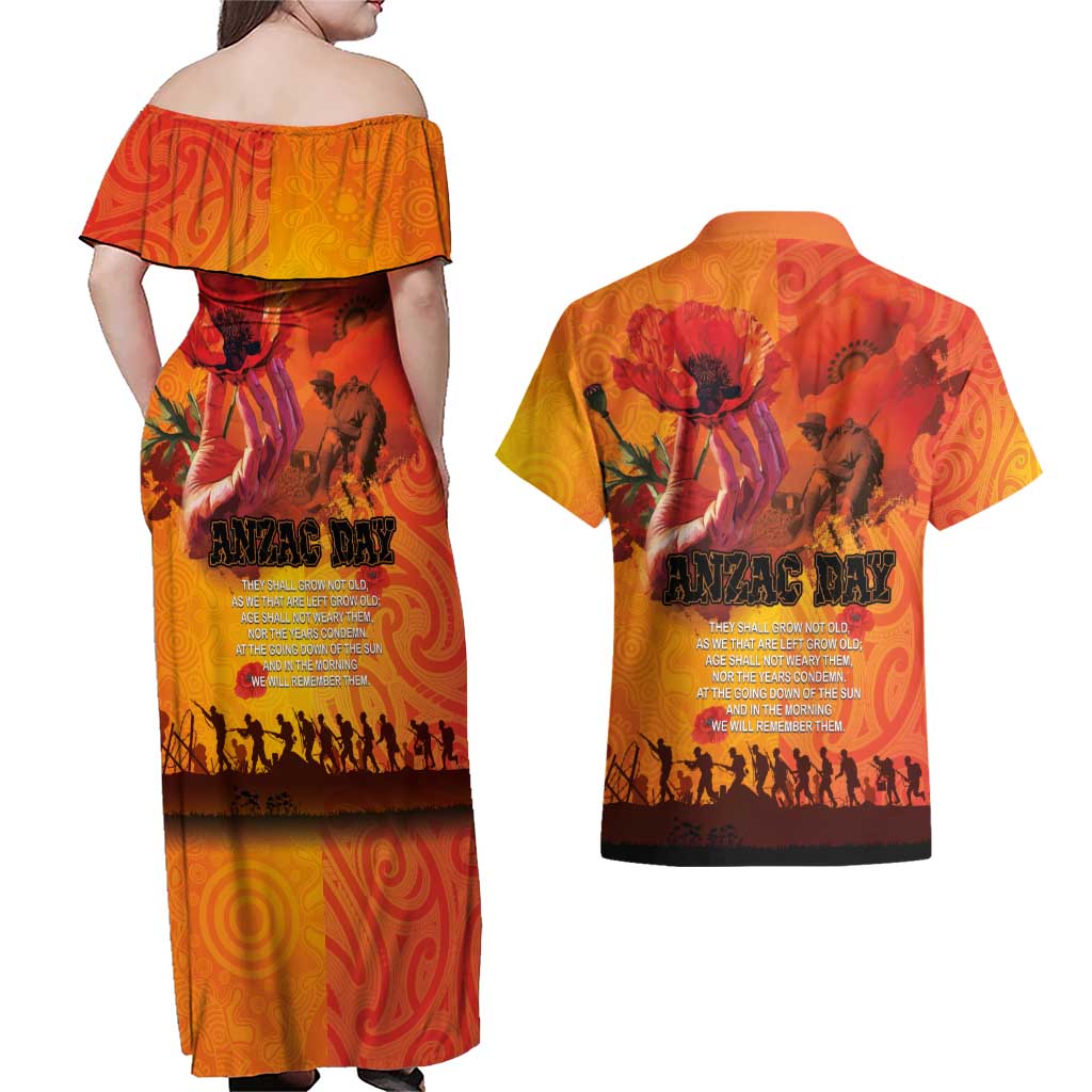 Australia and New Zealand ANZAC Day Couples Matching Off Shoulder Maxi Dress and Hawaiian Shirt Soldiers Memories - Red Poppies with Aboriginal and Maori Art LT03 - Polynesian Pride