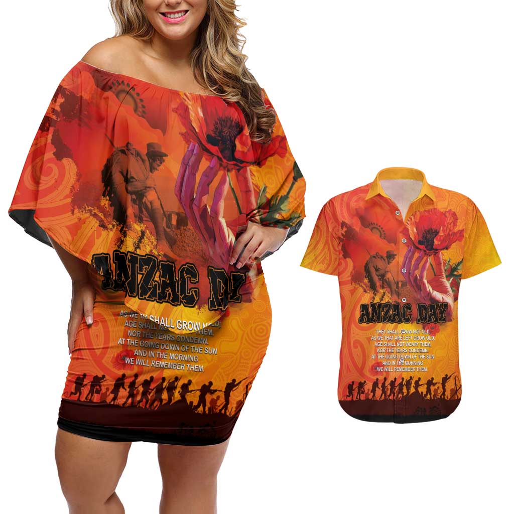 Australia and New Zealand ANZAC Day Couples Matching Off Shoulder Short Dress and Hawaiian Shirt Soldiers Memories - Red Poppies with Aboriginal and Maori Art LT03 Orange-Yellow - Polynesian Pride