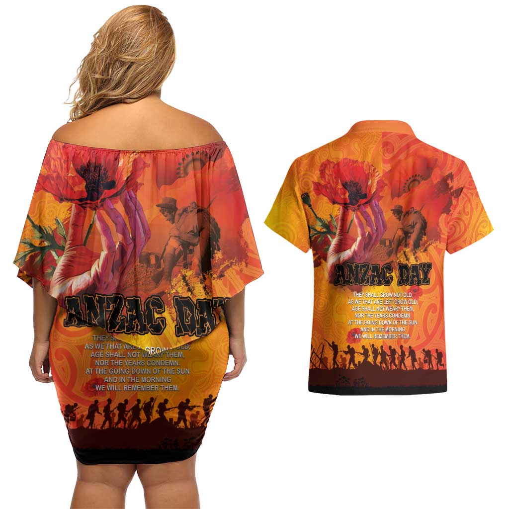 Australia and New Zealand ANZAC Day Couples Matching Off Shoulder Short Dress and Hawaiian Shirt Soldiers Memories - Red Poppies with Aboriginal and Maori Art LT03 - Polynesian Pride