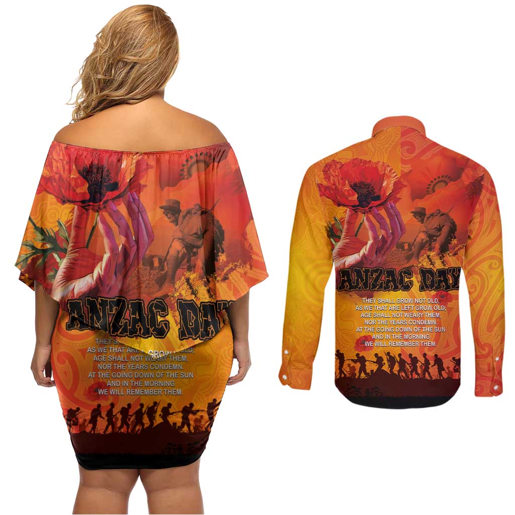 Australia and New Zealand ANZAC Day Couples Matching Off Shoulder Short Dress and Long Sleeve Button Shirt Soldiers Memories - Red Poppies with Aboriginal and Maori Art LT03 - Polynesian Pride