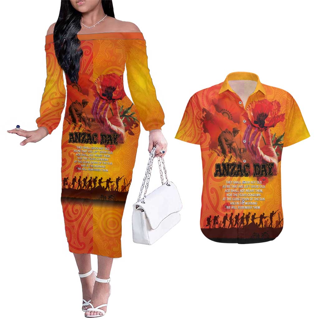 Australia and New Zealand ANZAC Day Couples Matching Off The Shoulder Long Sleeve Dress and Hawaiian Shirt Soldiers Memories - Red Poppies with Aboriginal and Maori Art LT03 Orange-Yellow - Polynesian Pride