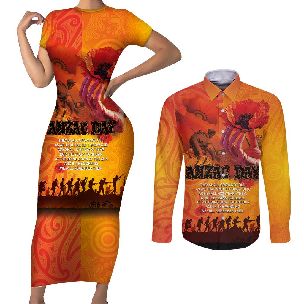 Australia and New Zealand ANZAC Day Couples Matching Short Sleeve Bodycon Dress and Long Sleeve Button Shirt Soldiers Memories - Red Poppies with Aboriginal and Maori Art LT03 Orange-Yellow - Polynesian Pride