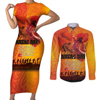 Australia and New Zealand ANZAC Day Couples Matching Short Sleeve Bodycon Dress and Long Sleeve Button Shirt Soldiers Memories - Red Poppies with Aboriginal and Maori Art LT03 Orange-Yellow - Polynesian Pride