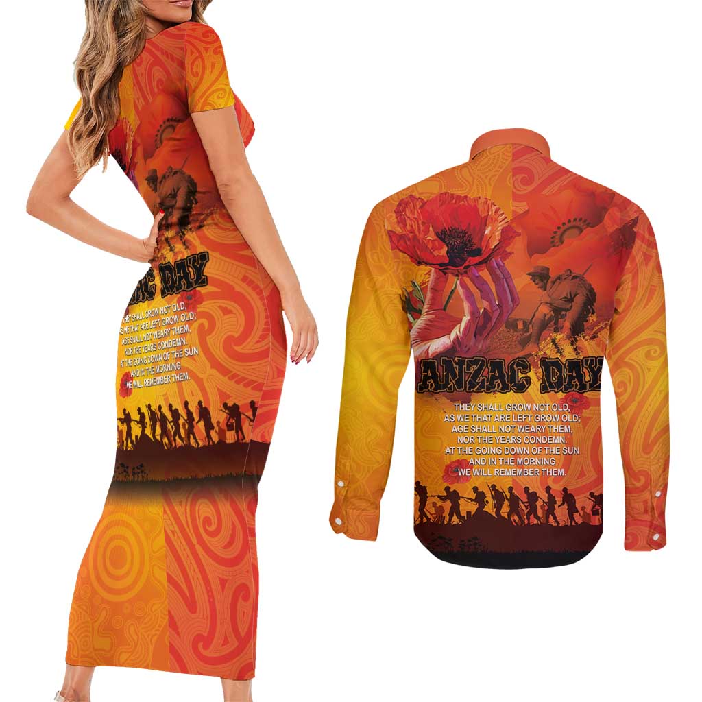 Australia and New Zealand ANZAC Day Couples Matching Short Sleeve Bodycon Dress and Long Sleeve Button Shirt Soldiers Memories - Red Poppies with Aboriginal and Maori Art LT03 - Polynesian Pride