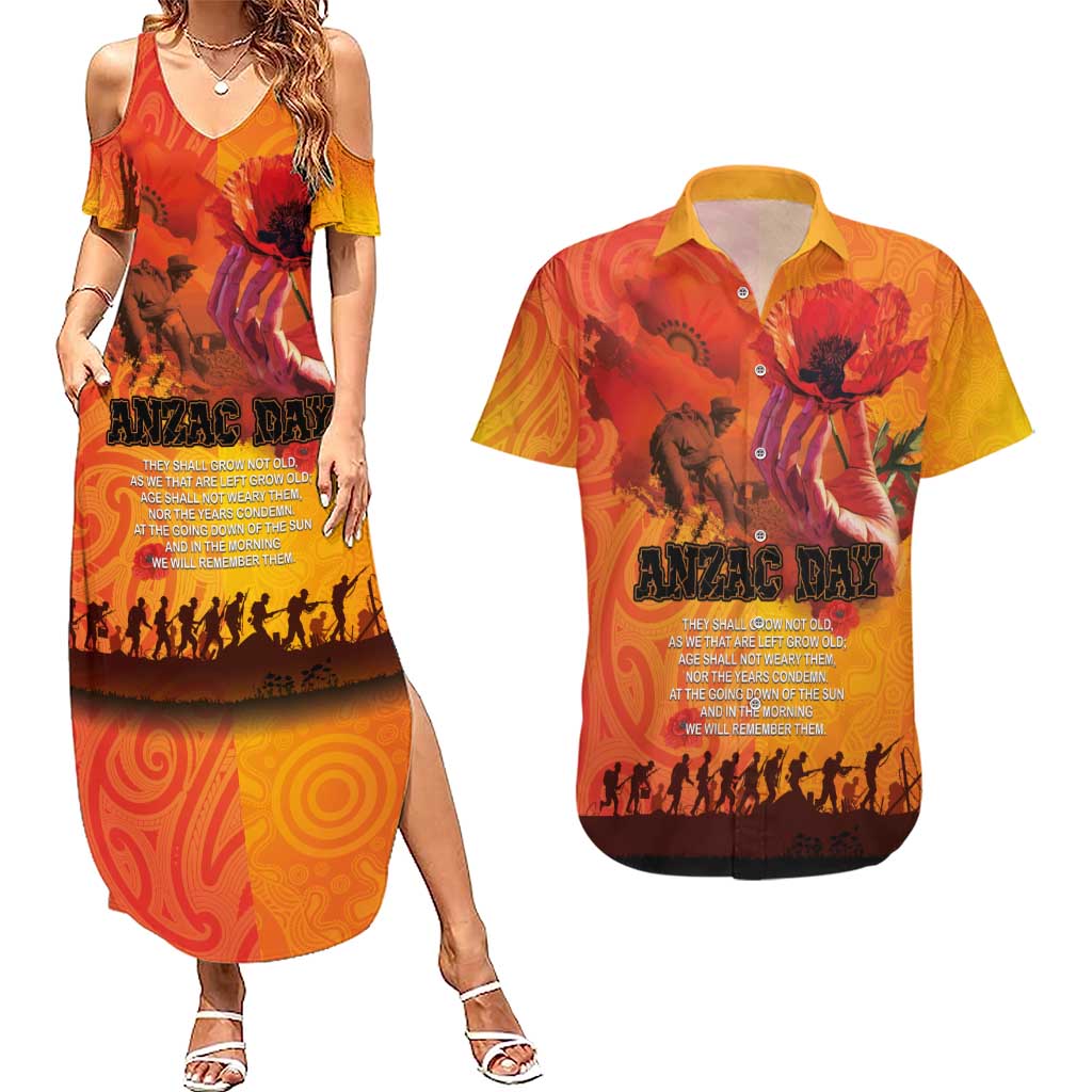 Australia and New Zealand ANZAC Day Couples Matching Summer Maxi Dress and Hawaiian Shirt Soldiers Memories - Red Poppies with Aboriginal and Maori Art LT03 Orange-Yellow - Polynesian Pride