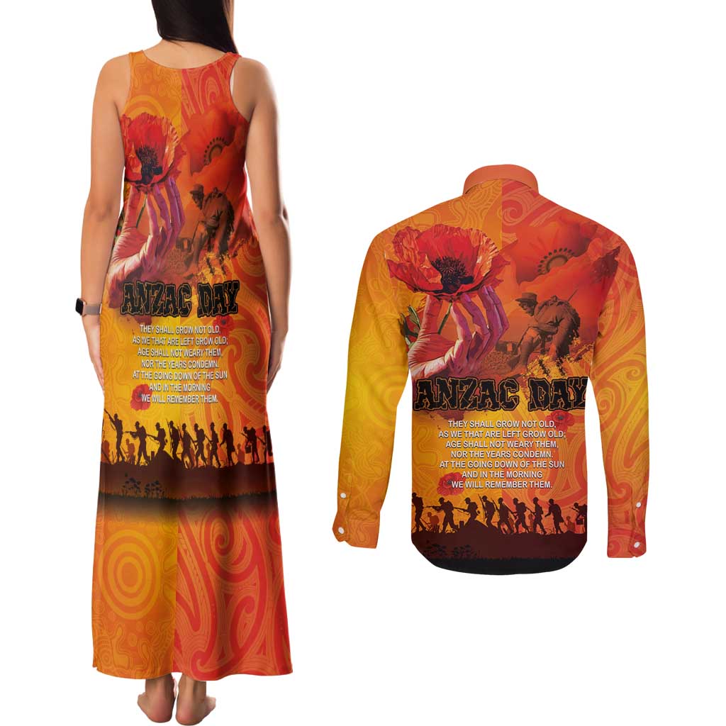 Australia and New Zealand ANZAC Day Couples Matching Tank Maxi Dress and Long Sleeve Button Shirt Soldiers Memories - Red Poppies with Aboriginal and Maori Art LT03 - Polynesian Pride