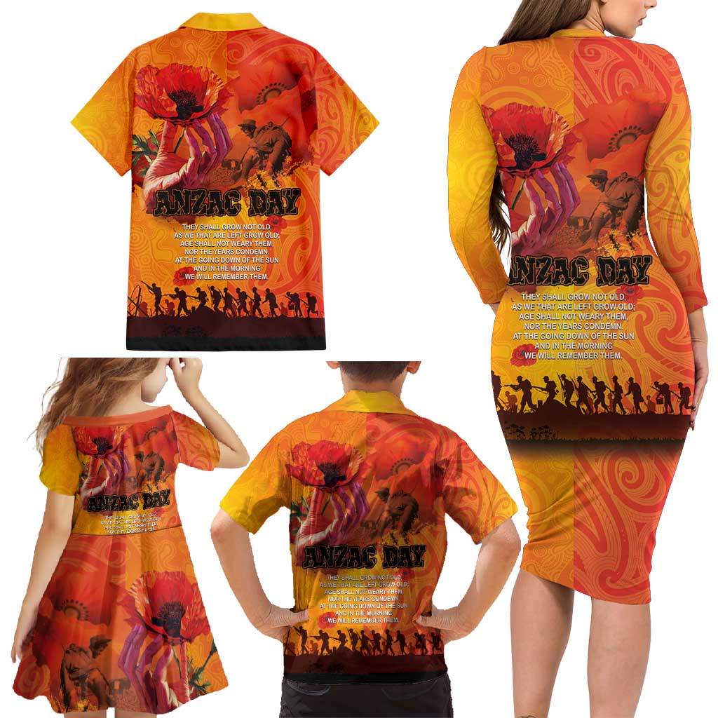 Australia and New Zealand ANZAC Day Family Matching Long Sleeve Bodycon Dress and Hawaiian Shirt Soldiers Memories - Red Poppies with Aboriginal and Maori Art LT03 - Polynesian Pride