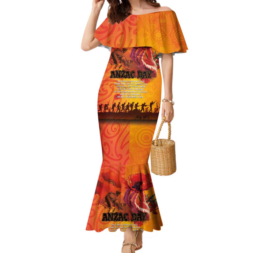 Australia and New Zealand ANZAC Day Family Matching Mermaid Dress and Hawaiian Shirt Soldiers Memories - Red Poppies with Aboriginal and Maori Art LT03 Mom's Dress Orange-Yellow - Polynesian Pride