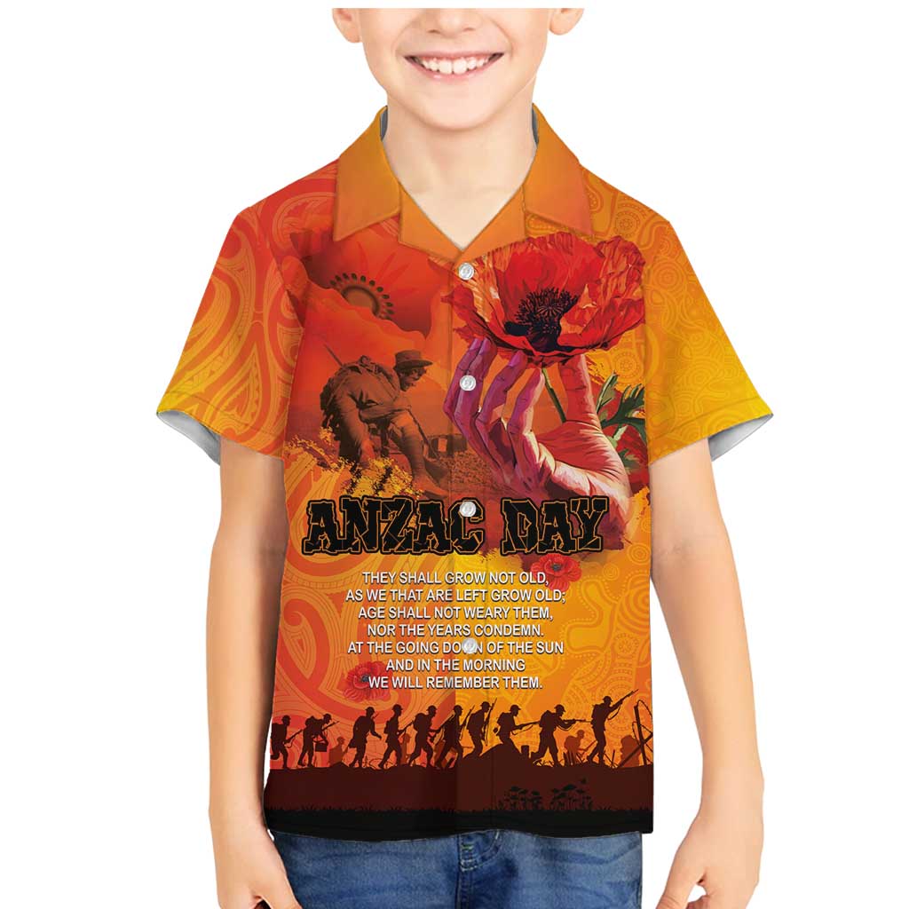 Australia and New Zealand ANZAC Day Family Matching Mermaid Dress and Hawaiian Shirt Soldiers Memories - Red Poppies with Aboriginal and Maori Art LT03 Son's Shirt Orange-Yellow - Polynesian Pride