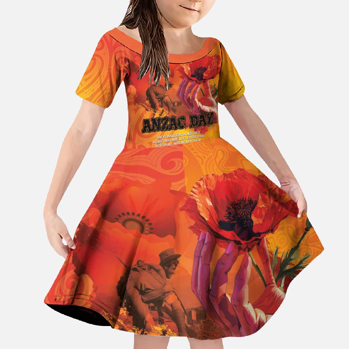 Australia and New Zealand ANZAC Day Family Matching Off The Shoulder Long Sleeve Dress and Hawaiian Shirt Soldiers Memories - Red Poppies with Aboriginal and Maori Art LT03 Daughter's Dress Orange-Yellow - Polynesian Pride