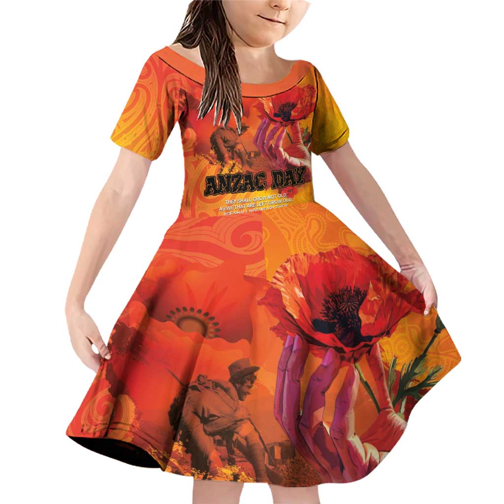 Australia and New Zealand ANZAC Day Family Matching Off Shoulder Short Dress and Hawaiian Shirt Soldiers Memories - Red Poppies with Aboriginal and Maori Art LT03 Daughter's Dress Orange-Yellow - Polynesian Pride