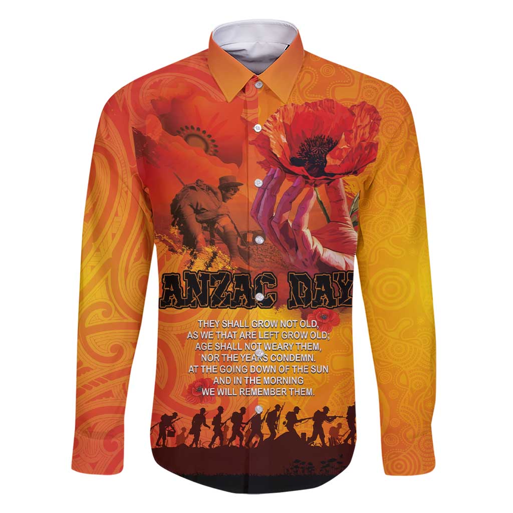 Australia and New Zealand ANZAC Day Family Matching Short Sleeve Bodycon Dress and Hawaiian Shirt Soldiers Memories - Red Poppies with Aboriginal and Maori Art LT03 Dad's Shirt - Long Sleeve Orange-Yellow - Polynesian Pride