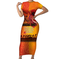 Australia and New Zealand ANZAC Day Family Matching Short Sleeve Bodycon Dress and Hawaiian Shirt Soldiers Memories - Red Poppies with Aboriginal and Maori Art LT03 Mom's Dress Orange-Yellow - Polynesian Pride