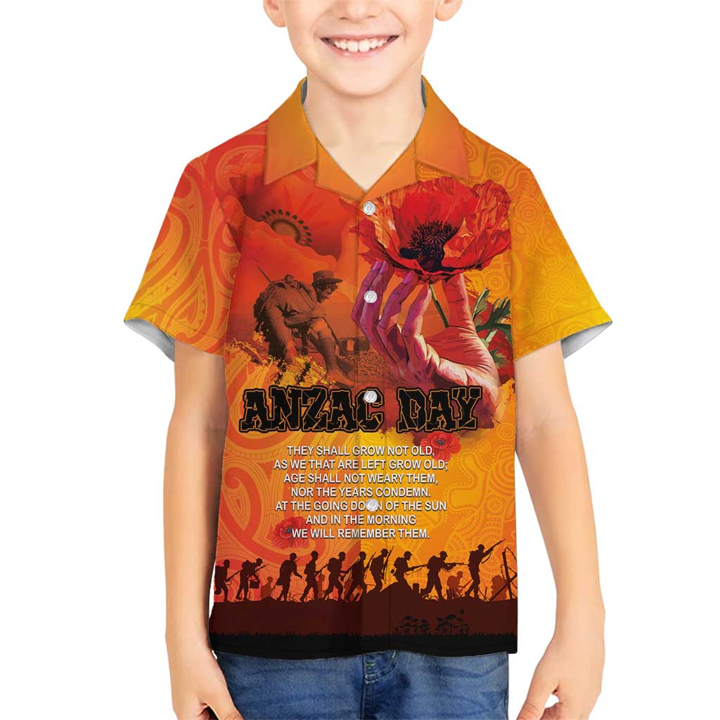 Australia and New Zealand ANZAC Day Family Matching Summer Maxi Dress and Hawaiian Shirt Soldiers Memories - Red Poppies with Aboriginal and Maori Art LT03 Son's Shirt Orange-Yellow - Polynesian Pride