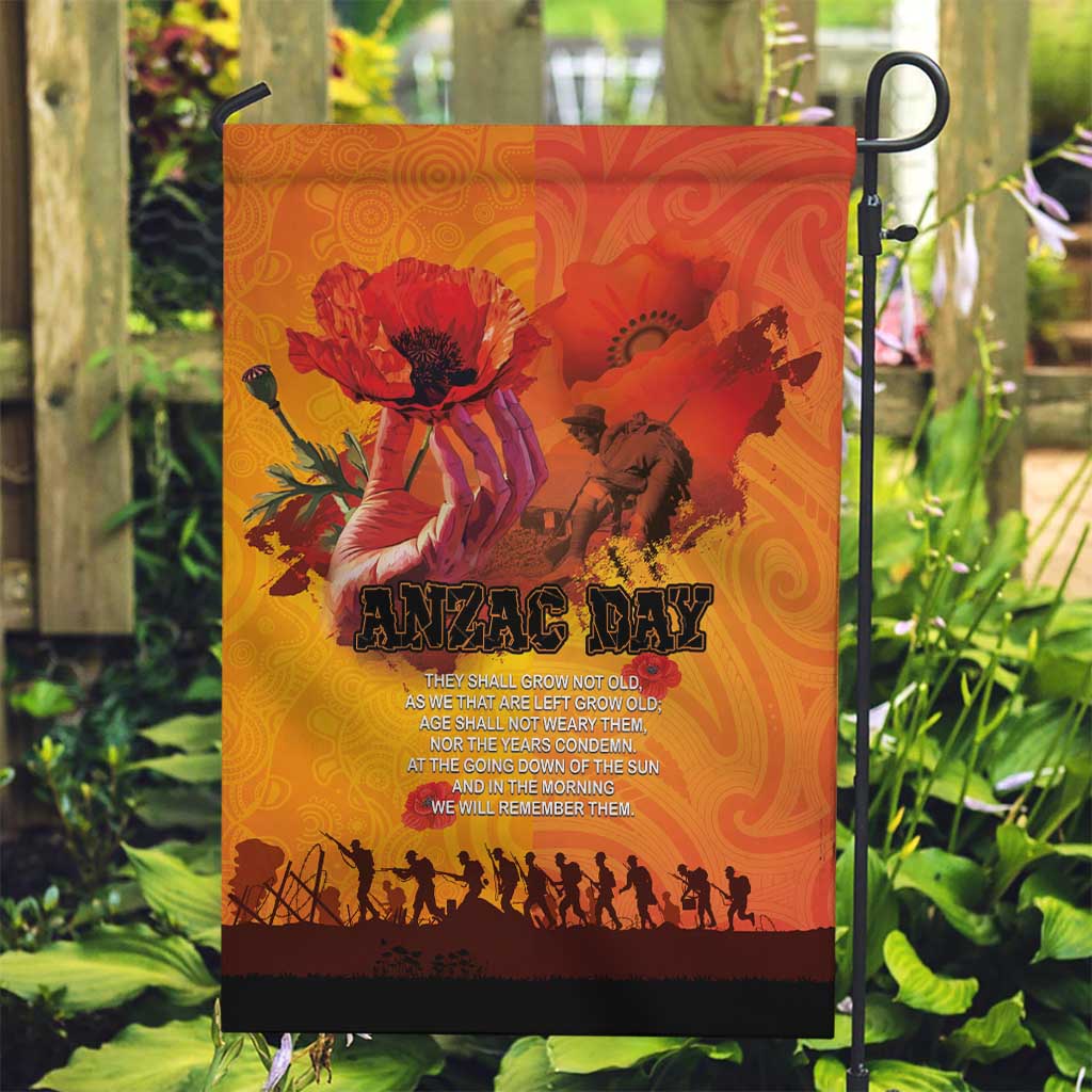 Australia and New Zealand ANZAC Day Garden Flag Soldiers Memories - Red Poppies with Aboriginal and Maori Art LT03 Garden Flag Orange-Yellow - Polynesian Pride