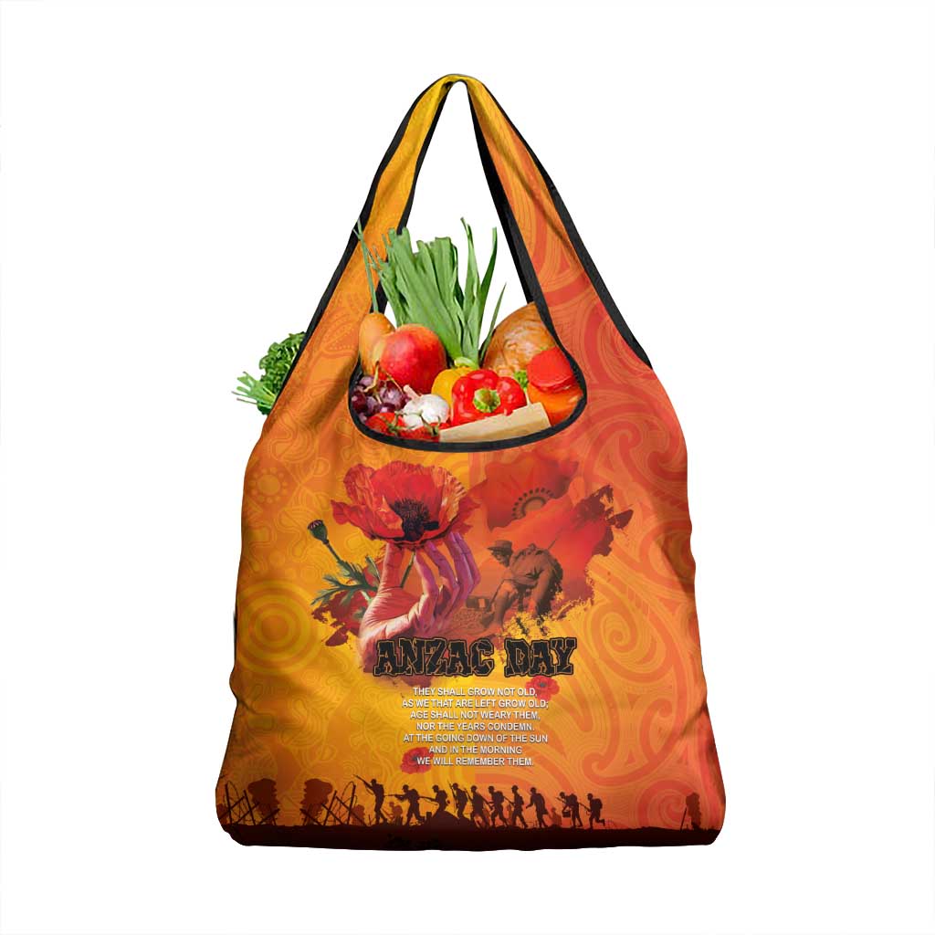 Australia and New Zealand ANZAC Day Grocery Bag Soldiers Memories - Red Poppies with Aboriginal and Maori Art LT03 1-pack One Size Orange-Yellow - Polynesian Pride