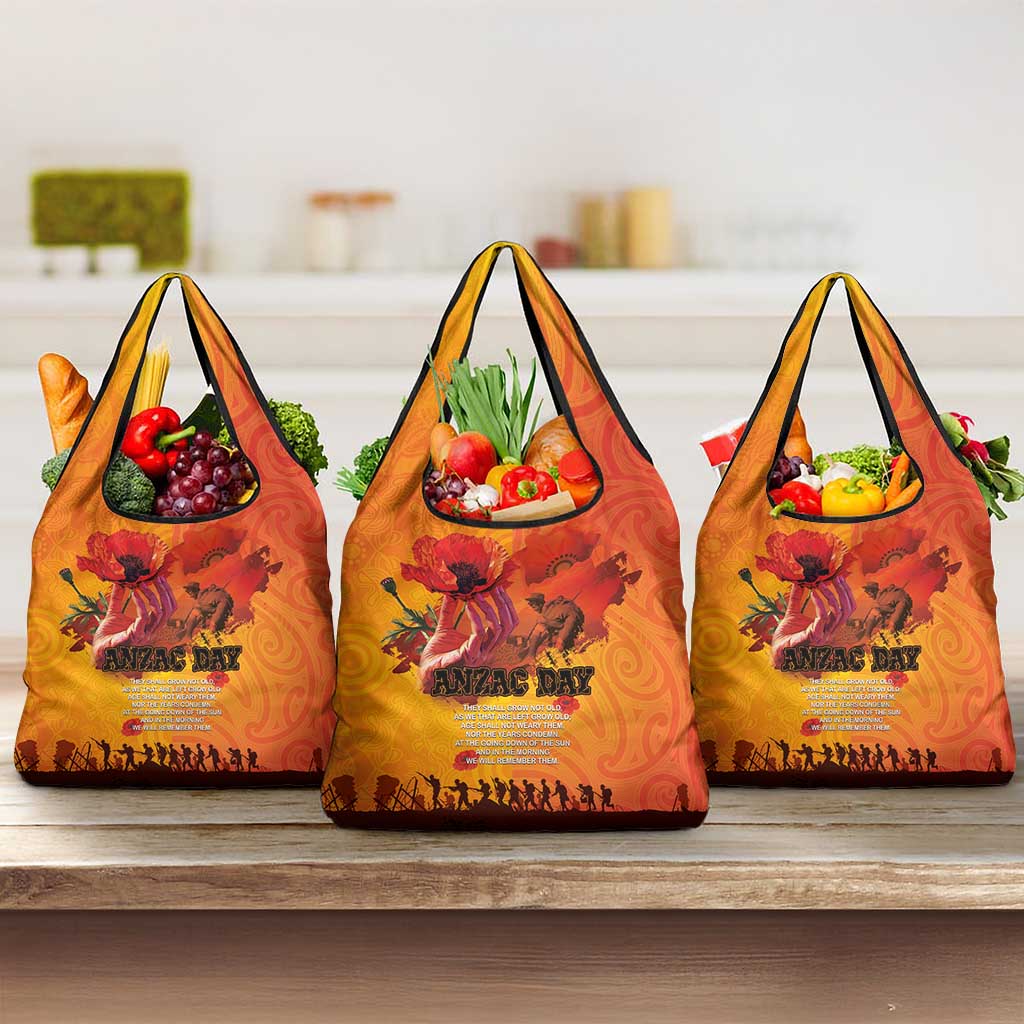 Australia and New Zealand ANZAC Day Grocery Bag Soldiers Memories - Red Poppies with Aboriginal and Maori Art LT03 3-pack One Size Orange-Yellow - Polynesian Pride