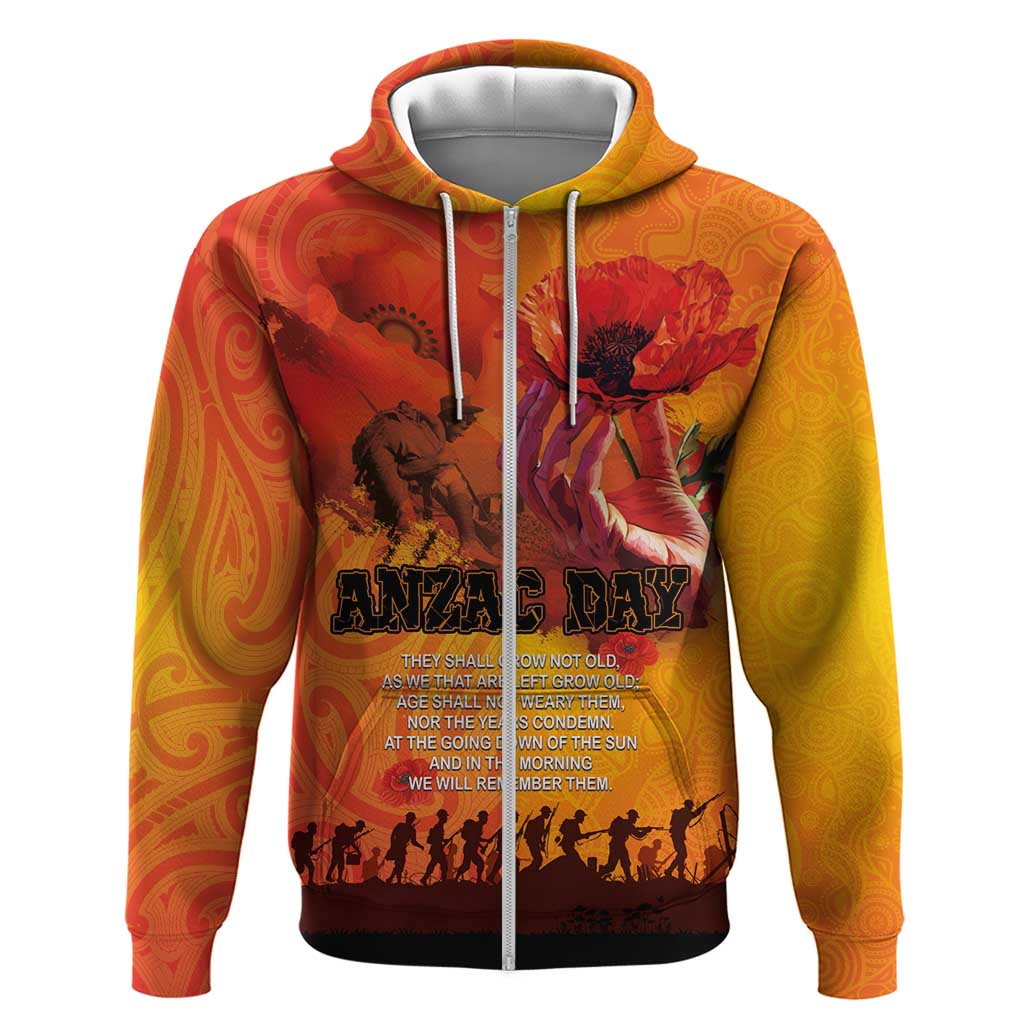 Australia and New Zealand ANZAC Day Hoodie Soldiers Memories - Red Poppies with Aboriginal and Maori Art LT03 Zip Hoodie Orange-Yellow - Polynesian Pride