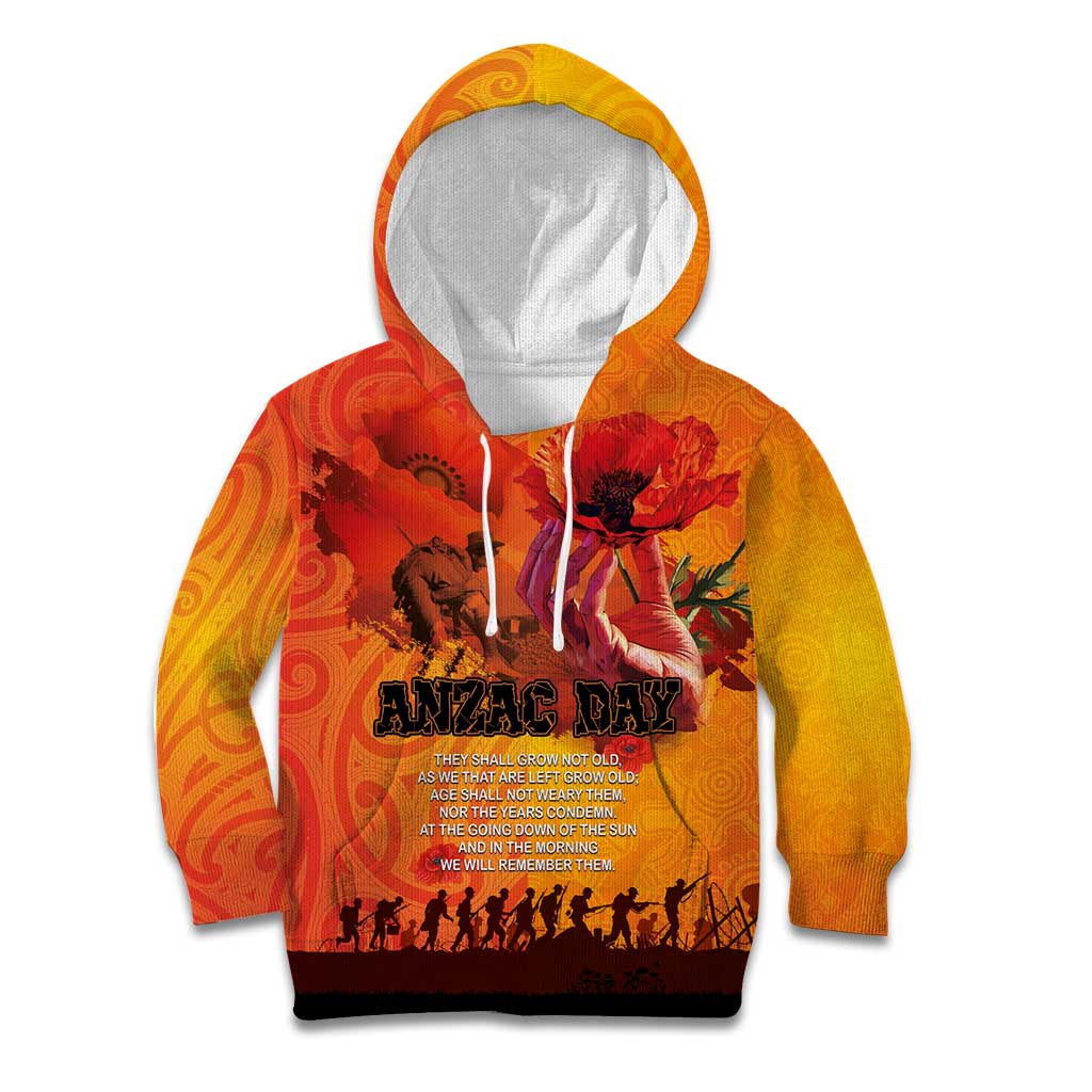 Australia and New Zealand ANZAC Day Kid Hoodie Soldiers Memories - Red Poppies with Aboriginal and Maori Art LT03 Hoodie Orange-Yellow - Polynesian Pride