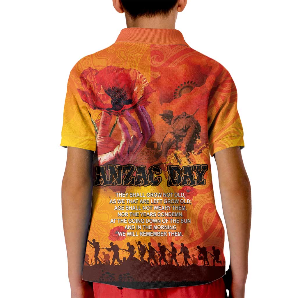 Australia and New Zealand ANZAC Day Kid Polo Shirt Soldiers Memories - Red Poppies with Aboriginal and Maori Art LT03 - Polynesian Pride