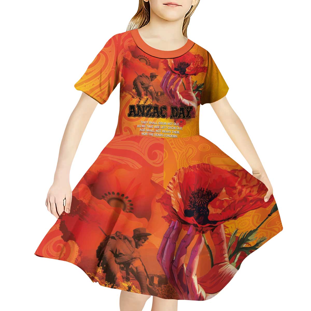 Australia and New Zealand ANZAC Day Kid Short Sleeve Dress Soldiers Memories - Red Poppies with Aboriginal and Maori Art LT03 - Polynesian Pride