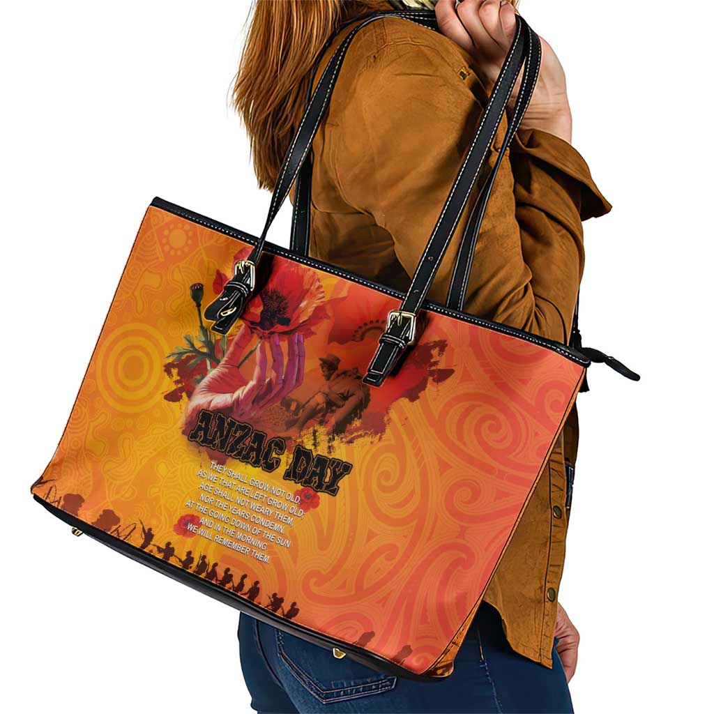 Australia and New Zealand ANZAC Day Leather Tote Bag Soldiers Memories - Red Poppies with Aboriginal and Maori Art LT03 - Polynesian Pride