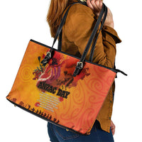 Australia and New Zealand ANZAC Day Leather Tote Bag Soldiers Memories - Red Poppies with Aboriginal and Maori Art LT03 - Polynesian Pride