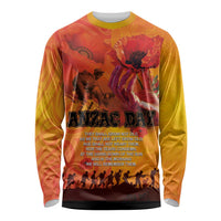 Australia and New Zealand ANZAC Day Long Sleeve Shirt Soldiers Memories - Red Poppies with Aboriginal and Maori Art LT03 Unisex Orange-Yellow - Polynesian Pride