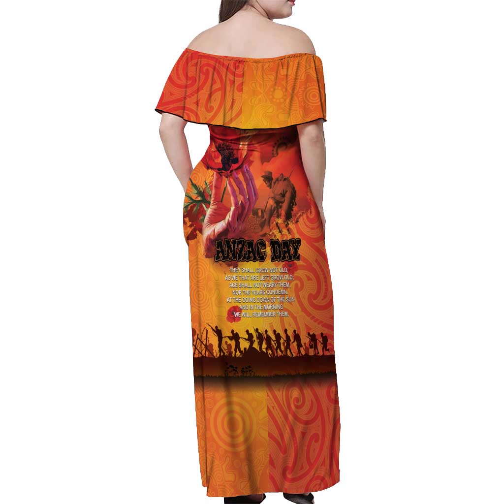 Australia and New Zealand ANZAC Day Off Shoulder Maxi Dress Soldiers Memories - Red Poppies with Aboriginal and Maori Art LT03 - Polynesian Pride