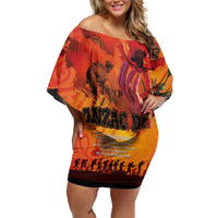 Australia and New Zealand ANZAC Day Off Shoulder Short Dress Soldiers Memories - Red Poppies with Aboriginal and Maori Art LT03 Women Orange-Yellow - Polynesian Pride