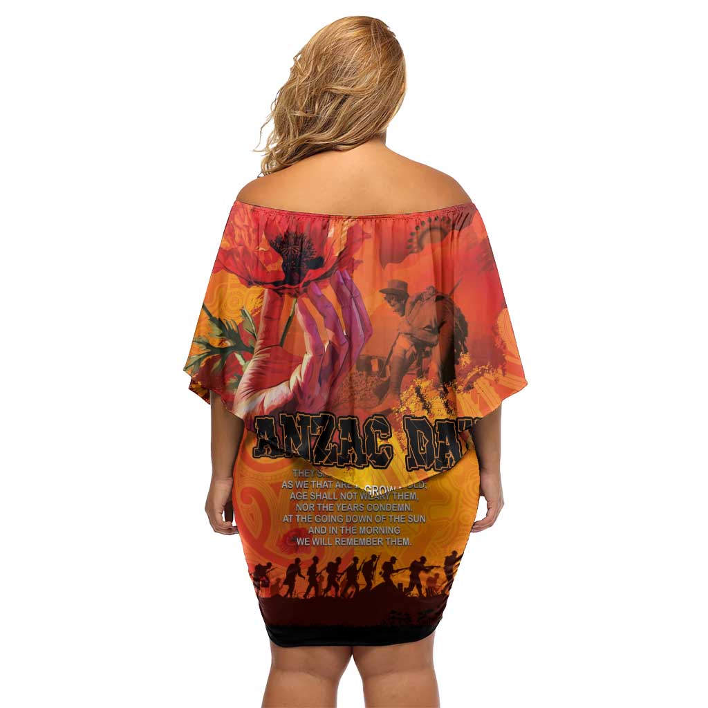 Australia and New Zealand ANZAC Day Off Shoulder Short Dress Soldiers Memories - Red Poppies with Aboriginal and Maori Art LT03 - Polynesian Pride