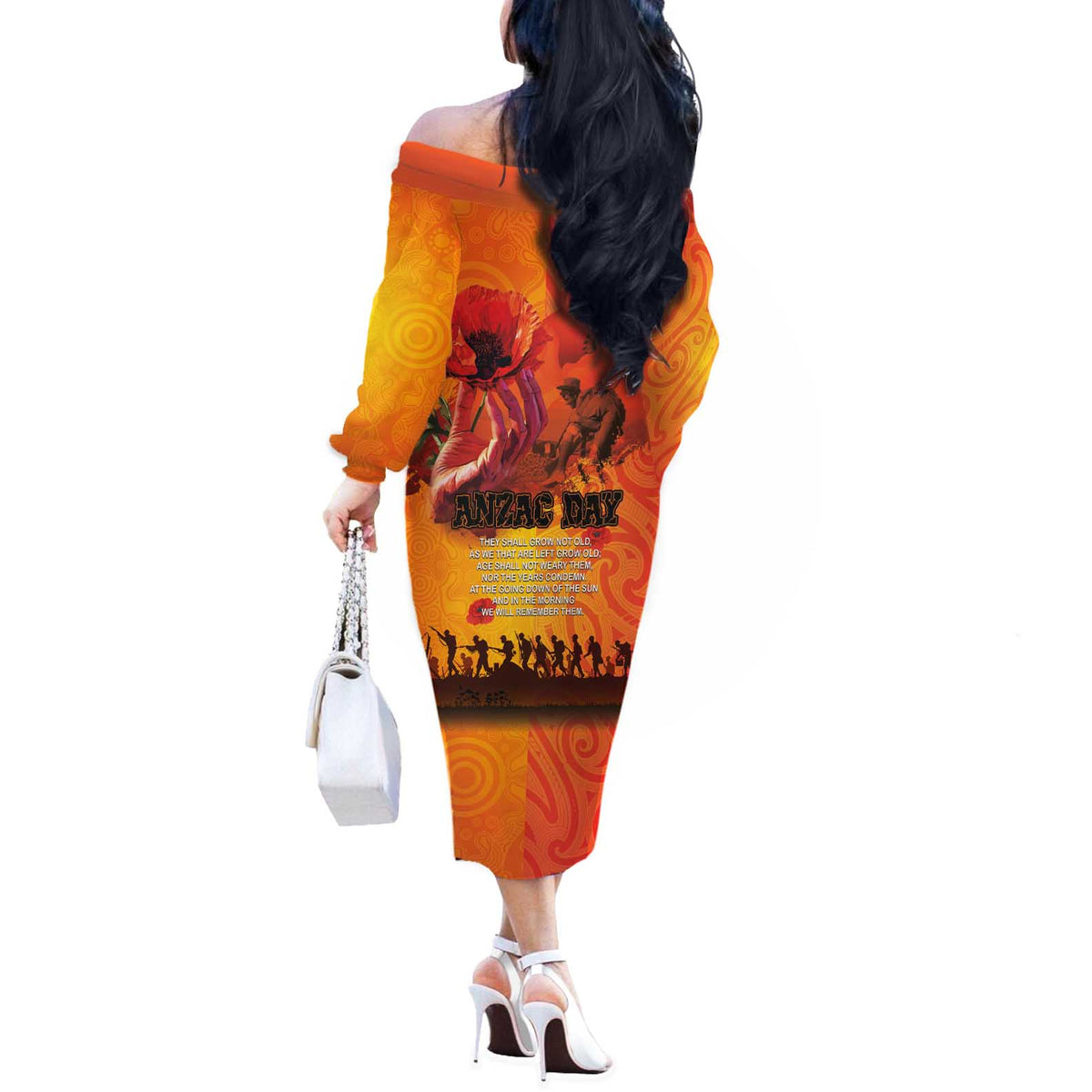 Australia and New Zealand ANZAC Day Off The Shoulder Long Sleeve Dress Soldiers Memories - Red Poppies with Aboriginal and Maori Art LT03 - Polynesian Pride