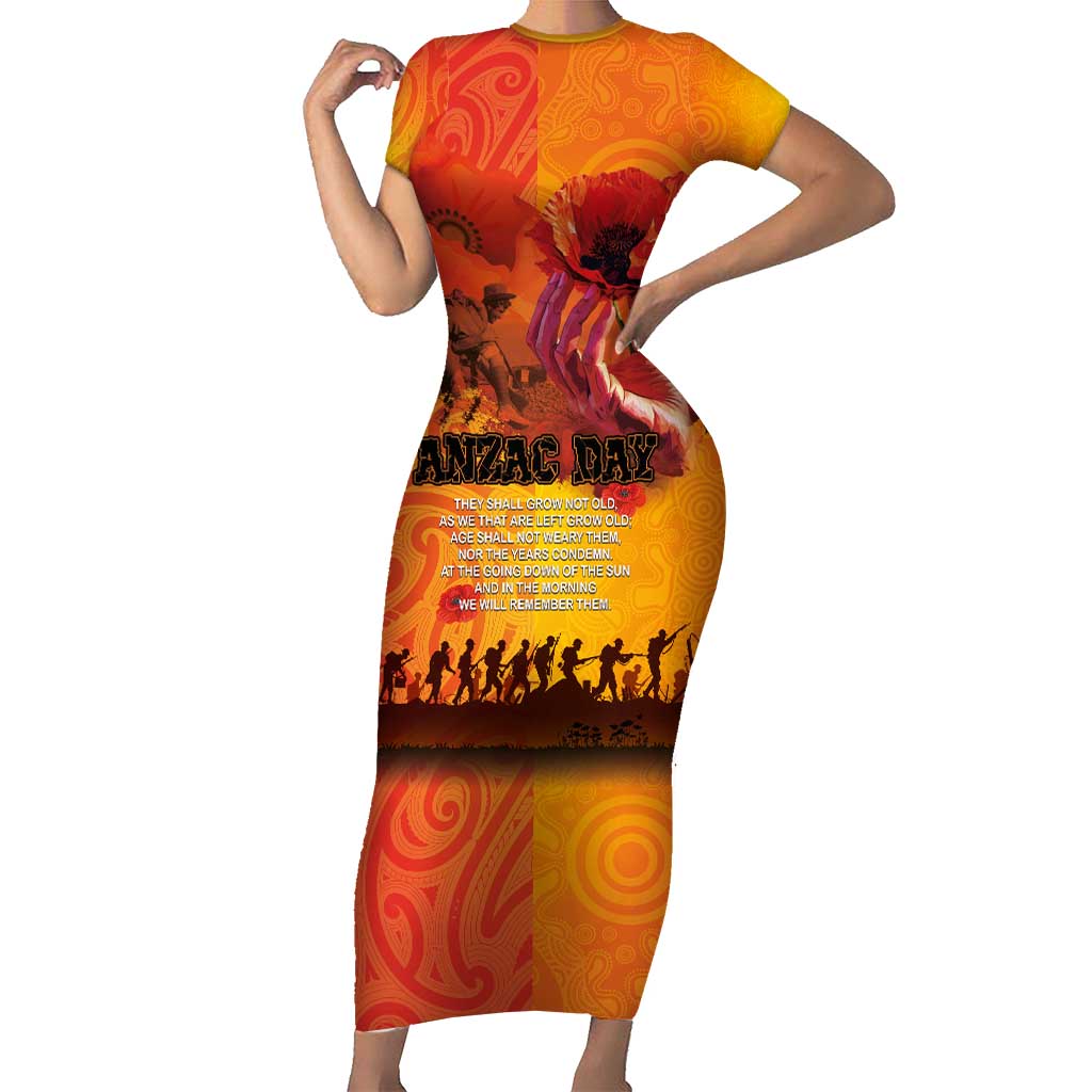 Australia and New Zealand ANZAC Day Short Sleeve Bodycon Dress Soldiers Memories - Red Poppies with Aboriginal and Maori Art LT03 Long Dress Orange-Yellow - Polynesian Pride