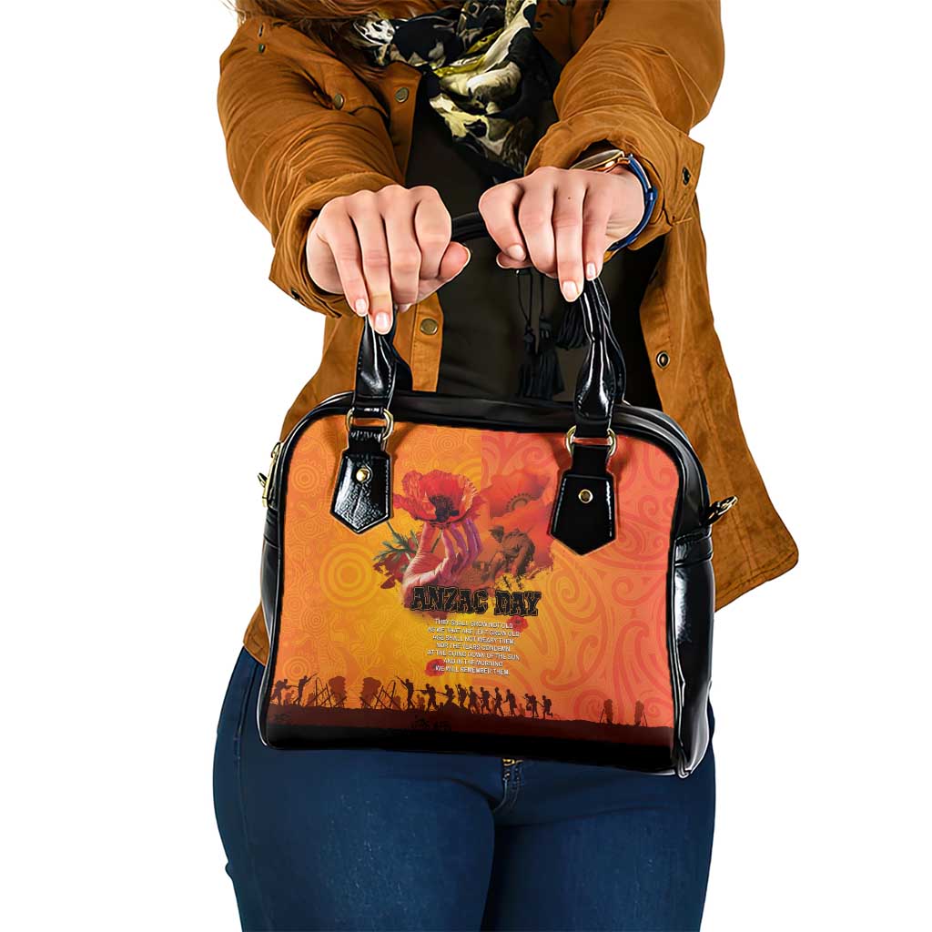 Australia and New Zealand ANZAC Day Shoulder Handbag Soldiers Memories - Red Poppies with Aboriginal and Maori Art LT03 One Size Orange-Yellow - Polynesian Pride