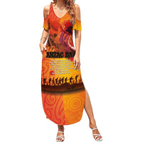 Australia and New Zealand ANZAC Day Summer Maxi Dress Soldiers Memories - Red Poppies with Aboriginal and Maori Art LT03 Women Orange-Yellow - Polynesian Pride