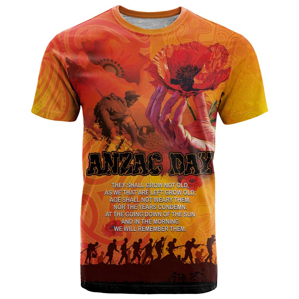 Australia and New Zealand ANZAC Day T Shirt Soldiers Memories - Red Poppies with Aboriginal and Maori Art LT03 Orange-Yellow - Polynesian Pride