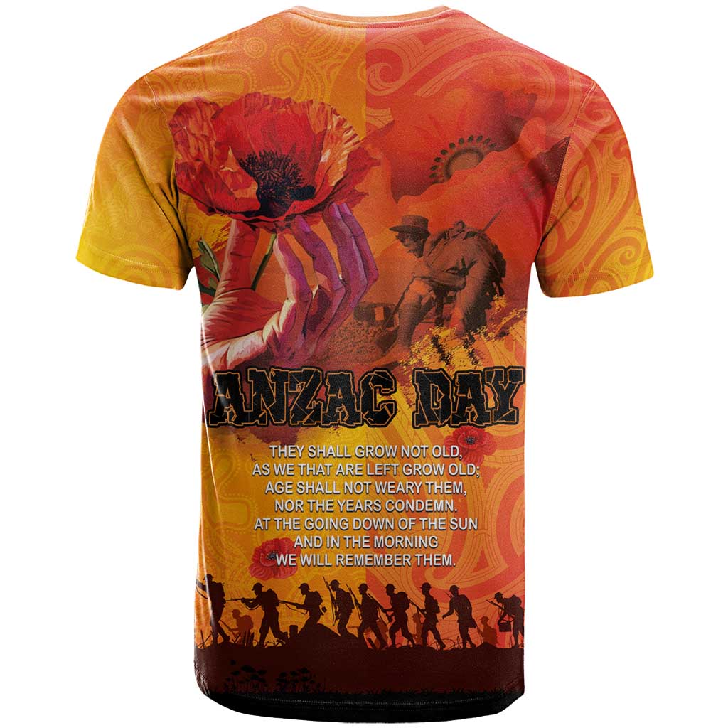 Australia and New Zealand ANZAC Day T Shirt Soldiers Memories - Red Poppies with Aboriginal and Maori Art LT03 - Polynesian Pride