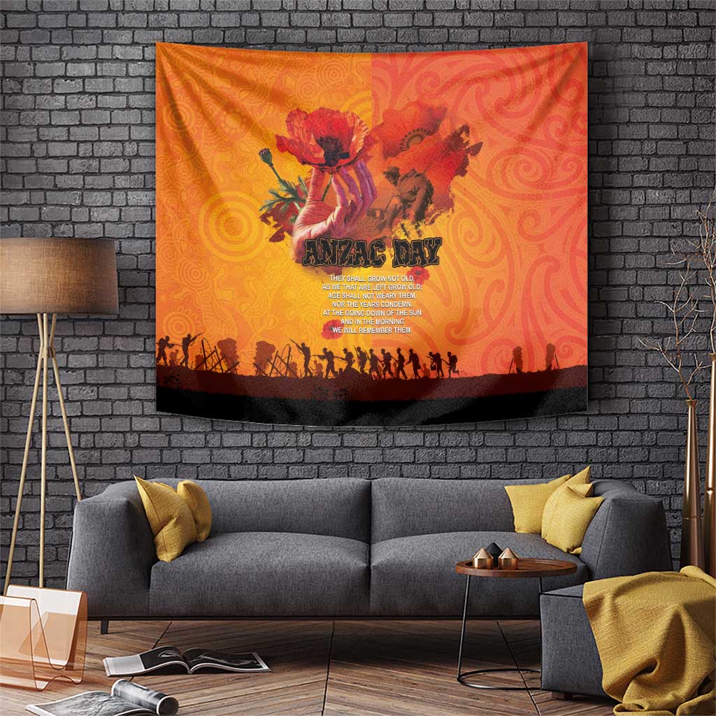 Australia and New Zealand ANZAC Day Tapestry Soldiers Memories - Red Poppies with Aboriginal and Maori Art LT03 Orange-Yellow - Polynesian Pride