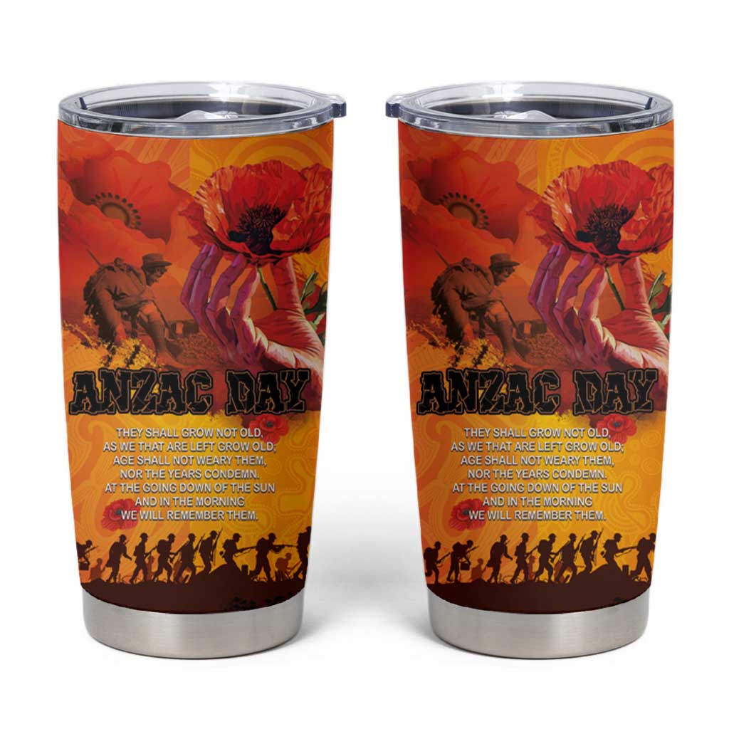 Australia and New Zealand ANZAC Day Tumbler Cup Soldiers Memories - Red Poppies with Aboriginal and Maori Art LT03 Orange-Yellow - Polynesian Pride