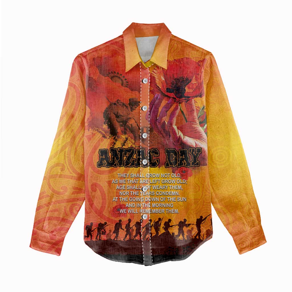 Australia and New Zealand ANZAC Day Women Casual Shirt Soldiers Memories - Red Poppies with Aboriginal and Maori Art LT03 - Polynesian Pride
