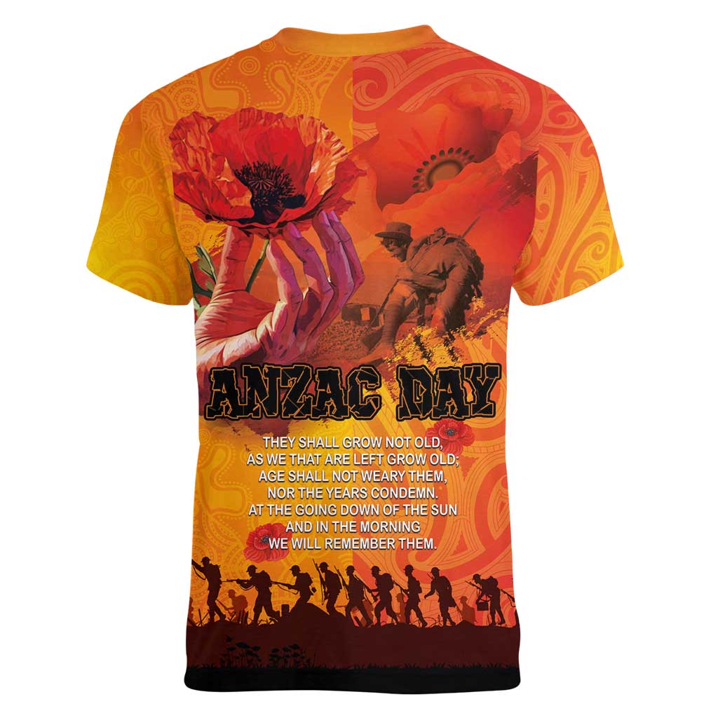 Australia and New Zealand ANZAC Day Women V-Neck T-Shirt Soldiers Memories - Red Poppies with Aboriginal and Maori Art LT03 - Polynesian Pride