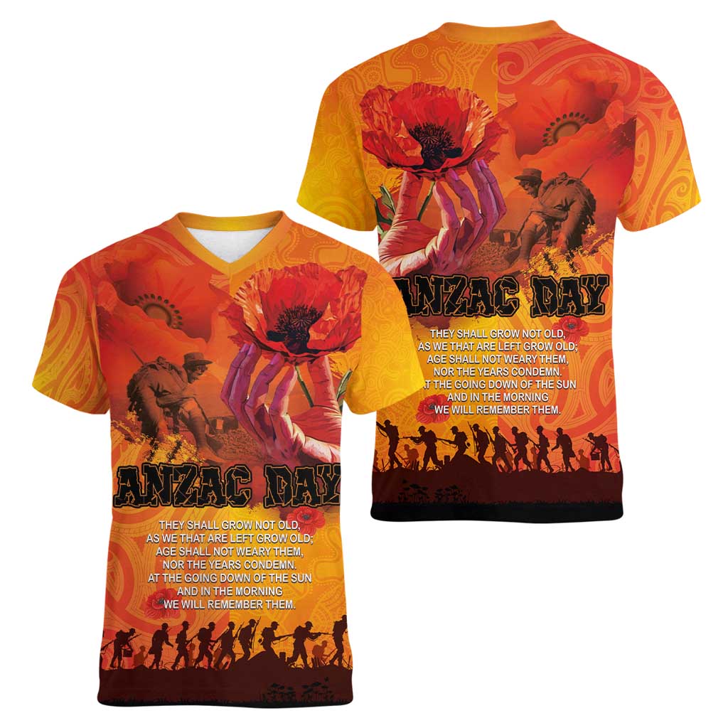 Australia and New Zealand ANZAC Day Women V-Neck T-Shirt Soldiers Memories - Red Poppies with Aboriginal and Maori Art LT03 - Polynesian Pride