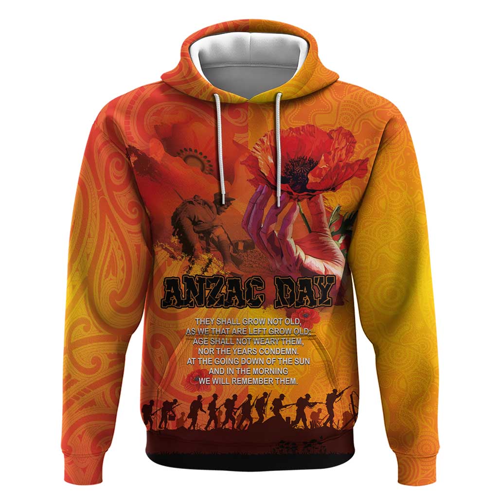 Australia and New Zealand ANZAC Day Zip Hoodie Soldiers Memories - Red Poppies with Aboriginal and Maori Art LT03 Pullover Hoodie Orange-Yellow - Polynesian Pride