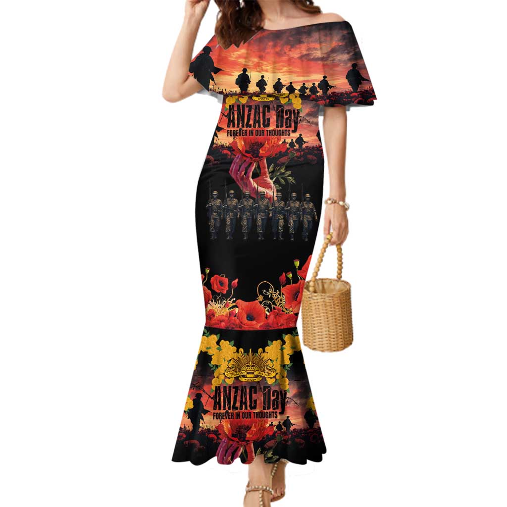 Australia ANZAC Day Family Matching Mermaid Dress and Hawaiian Shirt Forever in My Thoughts LT03 Mom's Dress Black - Polynesian Pride