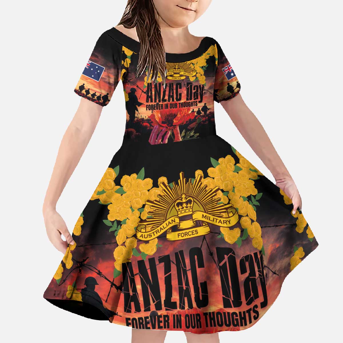 Australia ANZAC Day Family Matching Off The Shoulder Long Sleeve Dress and Hawaiian Shirt Forever in My Thoughts LT03 Daughter's Dress Black - Polynesian Pride