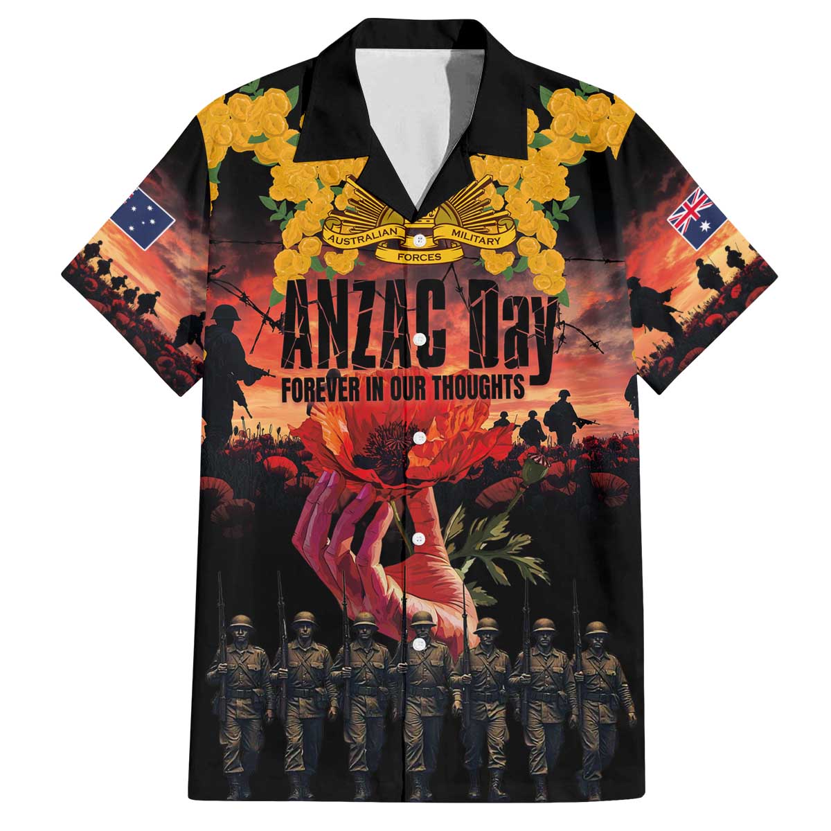 Australia ANZAC Day Family Matching Off The Shoulder Long Sleeve Dress and Hawaiian Shirt Forever in My Thoughts LT03 Dad's Shirt - Short Sleeve Black - Polynesian Pride
