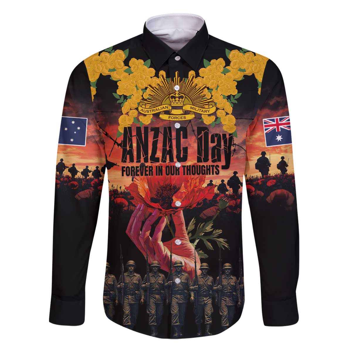 Australia ANZAC Day Family Matching Off The Shoulder Long Sleeve Dress and Hawaiian Shirt Forever in My Thoughts LT03 Dad's Shirt - Long Sleeve Black - Polynesian Pride