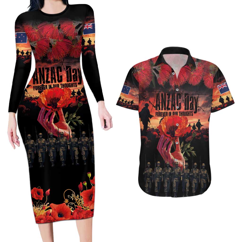 New Zealand ANZAC Day Couples Matching Long Sleeve Bodycon Dress and Hawaiian Shirt Forever in My Thoughts LT03 Black - Polynesian Pride